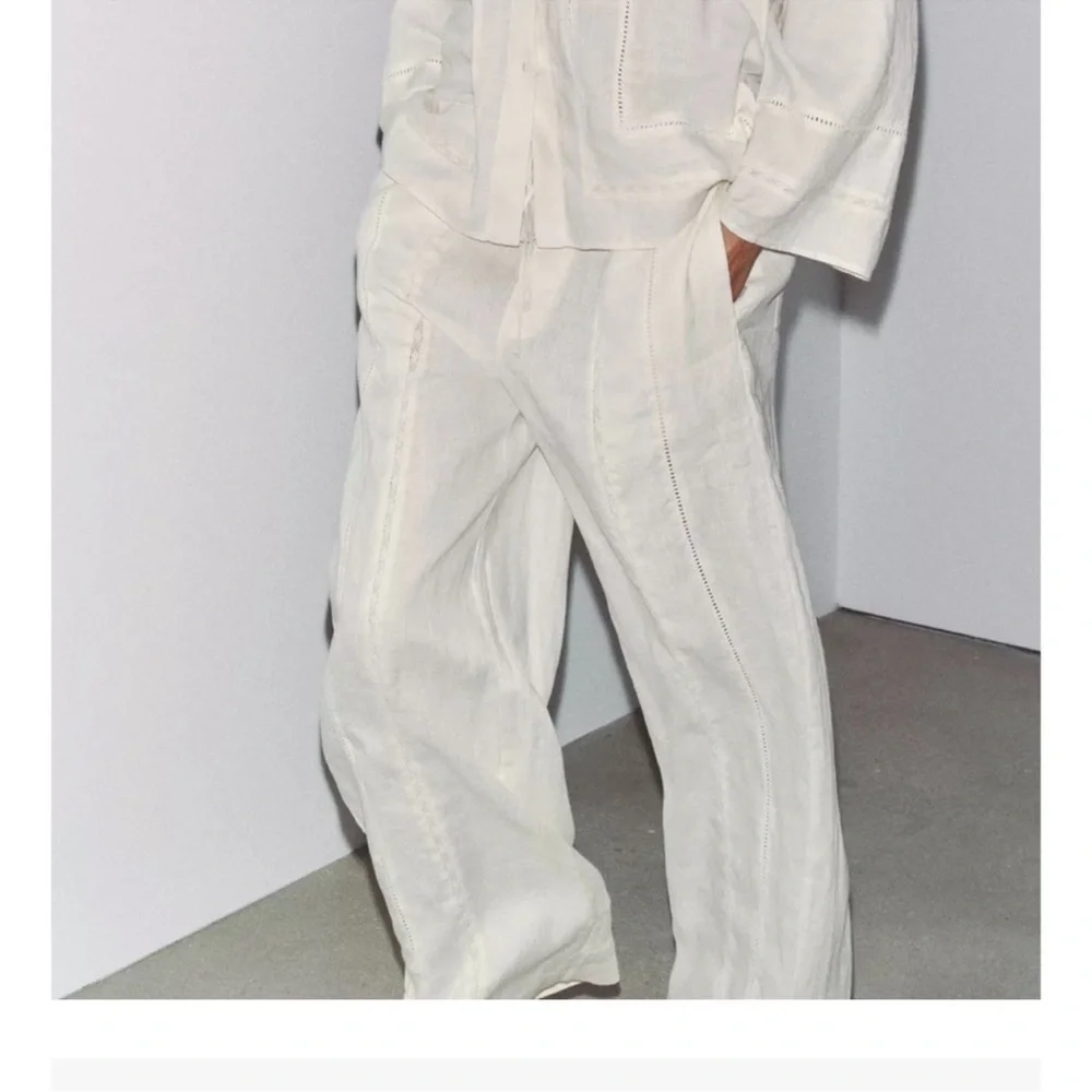 Zara 100% linen drawstring pants ladder stitch - Picture 1 of 10